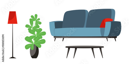 Furniture set for room interior. Living room interior collection of blue sofa, tea table, red floor lamp and green plant. Stylish flat illustration isolated on transparent.