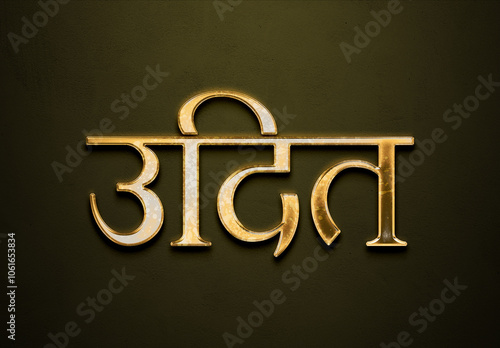 Old gold text effect of Hindi name Udit with 3D glossy style Mockup in Hindi. photo