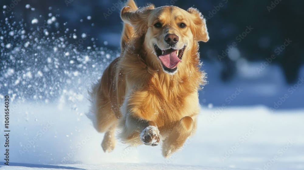 Dog running and playing in the snow, with its tongue out and tail wagging. Joyful winter playtime. Dog running and playing in the snow, with its tongue out and tail wagging. Joyful winter playtime.