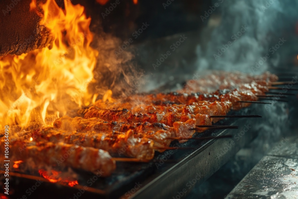 Grilled skewers of various meats, ready to be served Grilled skewers of various meats, ready to be served