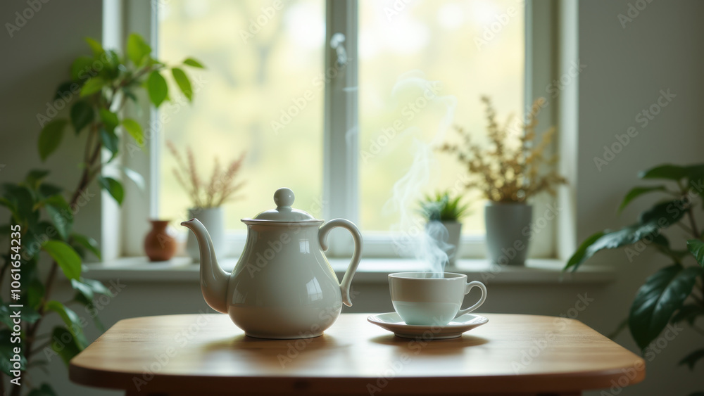 Obraz premium Cozy setting with a coffee pot and cup on table by window.