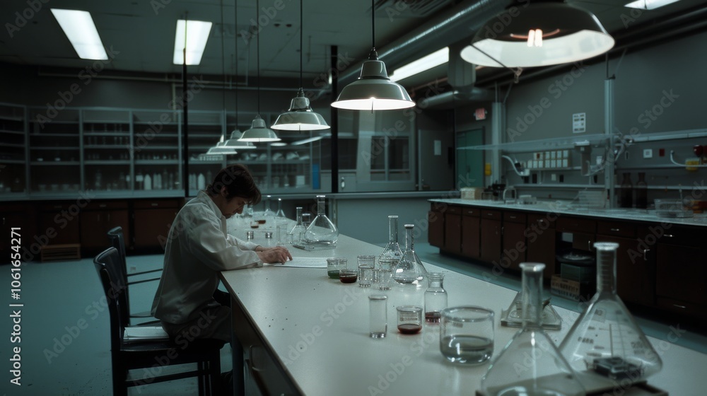 A lone researcher leans over a cluttered lab desk, surrounded by equipment, bathed in moody light, depicting diligence and solitary pursuit. A lone researcher leans over a cluttered lab desk, surrounded by equipment, bathed in moody light, depicting diligence and solitary pursuit.