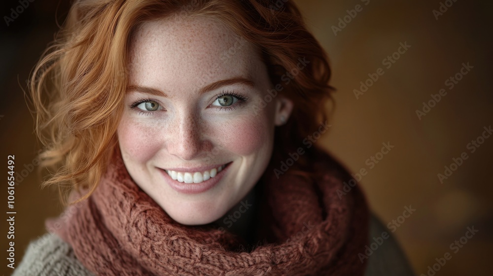 A woman with vibrant red hair wears a scarf, great for fashion, beauty, or lifestyle concepts A woman with vibrant red hair wears a scarf, great for fashion, beauty, or lifestyle concepts