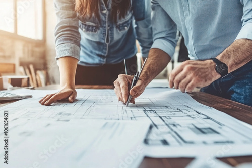 Two people working on blueprints in a modern office setting, with office supplies scattered around them. photo