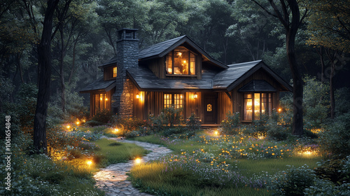 An old wooden house in the forest at night, with lights on and a garden path. A summer nature landscape with trees, a grassy meadow, and wild flowers.