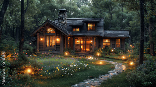 An old wooden house in the forest at night, with lights on and a garden path. A summer nature landscape with trees, a grassy meadow, and wild flowers.