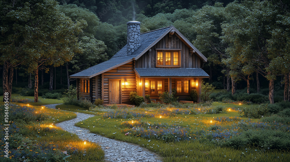 An old wooden house in the forest at night, with lights on and a garden path. A summer nature landscape with trees, a grassy meadow, and wild flowers. An old wooden house in the forest at night, with lights on and a garden path. A summer nature landscape with trees, a grassy meadow, and wild flowers.