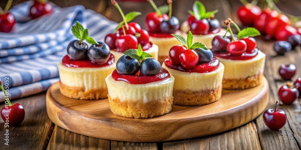 Mini Cheesecakes Topped with Fresh Fruit and a Hint of Mint on a Wooden Platter Mini Cheesecakes Topped with Fresh Fruit and a Hint of Mint on a Wooden Platter