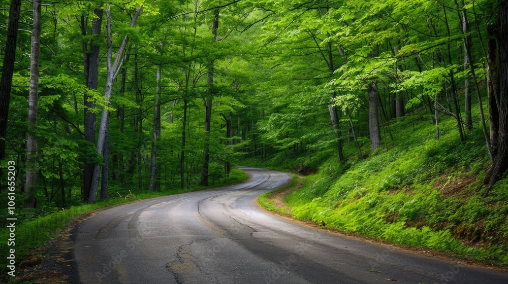 Obraz premium Winding road through dense forest, ideal for adventure and exploration images