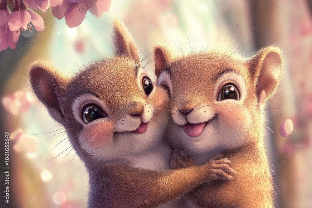 Two squirrels embracing each other in a warm and cozy moment Two squirrels embracing each other in a warm and cozy moment