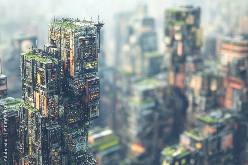 A towering building stands out against the backdrop of a bustling metropolis A towering building stands out against the backdrop of a bustling metropolis