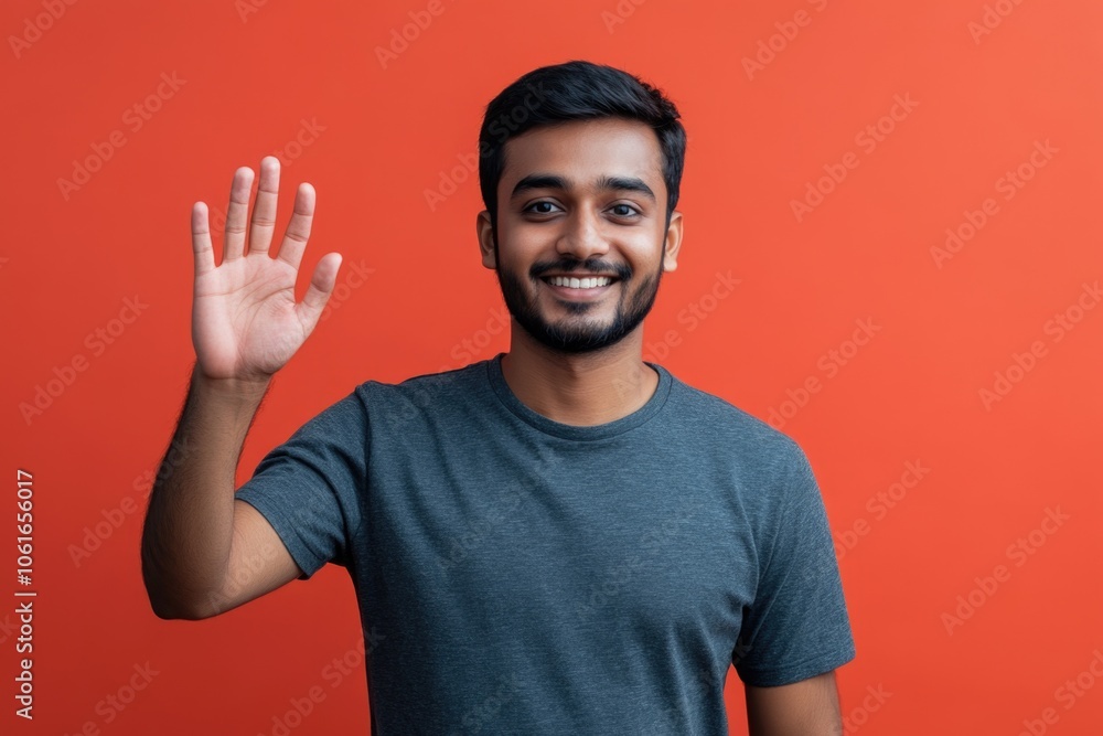 A happy person smiling and waving their hand in a casual pose, suitable for use in various contexts including social media, advertising, or personal projects A happy person smiling and waving their hand in a casual pose, suitable for use in various contexts including social media, advertising, or personal projects