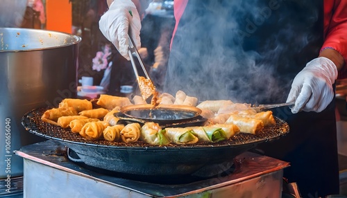 Street Food Vendor Cooking Spring Rolls photo