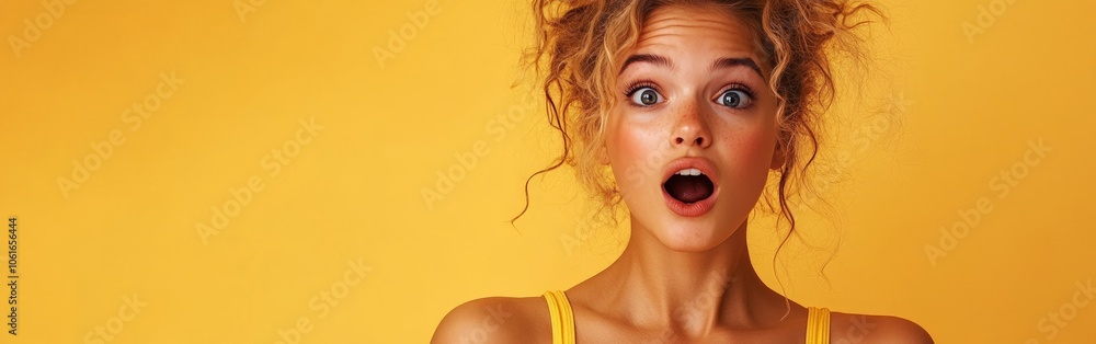 Surprised woman shocked by a huge sale, expression of amazement and joy with orange background Surprised woman shocked by a huge sale, expression of amazement and joy with orange background