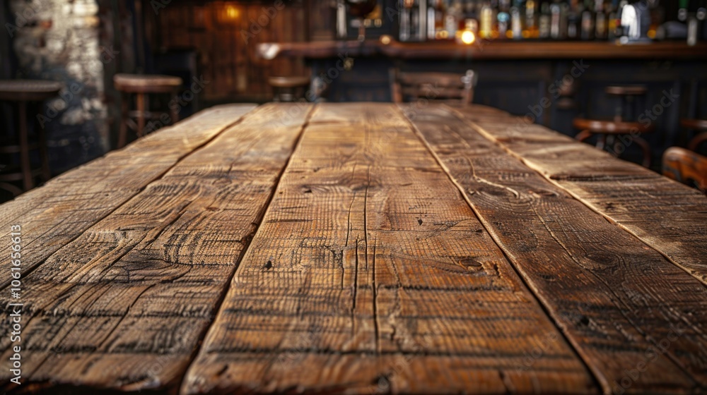 Bar scene with a wooden table and bottles on the wall Bar scene with a wooden table and bottles on the wall