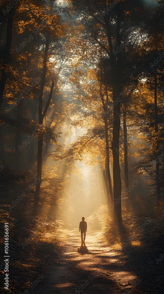 Obraz premium Silhouette of a person walking through a misty forest at sunrise.
