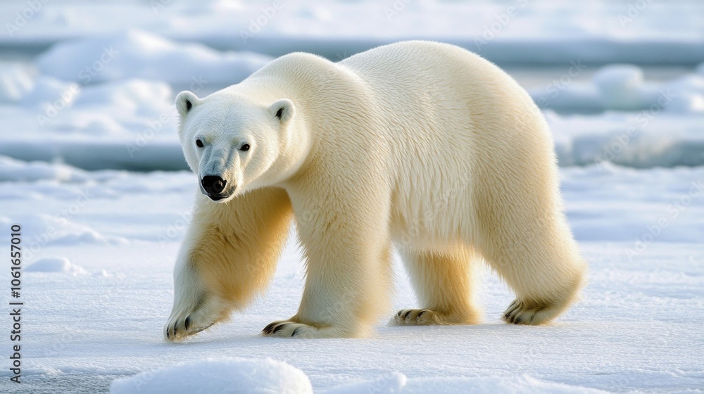 Polar bear walking on the ice in the Arctic, with a vast expanse of snow and ice around. Solitary figure in a frozen wilderness. Polar bear walking on the ice in the Arctic, with a vast expanse of snow and ice around. Solitary figure in a frozen wilderness.