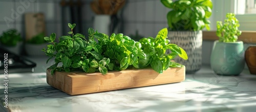 Closeup of lush vibrant basil leaves growing in a wooden planter placed on a kitchen countertop The basil plant is a symbol of healthy homegrown cooking and a sustainable eco friendly lifestyle