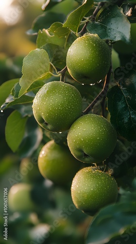 Fresh green apples glistening with dew on a tree branch.