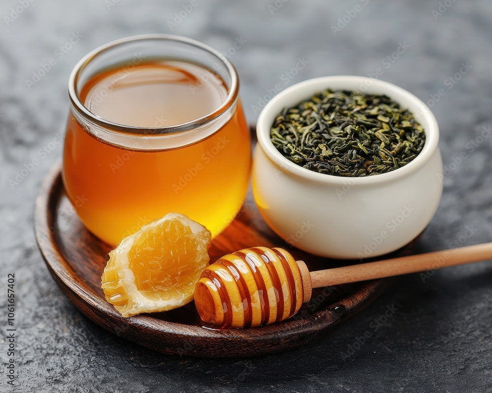 A warm cup of tea with honey and a slice of orange, alongside a bowl of loose green tea leaves, presented on a wooden plate.