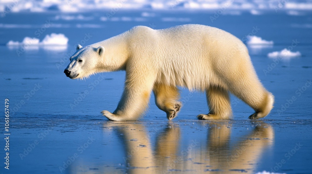 Polar bear walking on the ice in the Arctic, with a vast expanse of snow and ice around. Majestic creature in its natural habitat. Polar bear walking on the ice in the Arctic, with a vast expanse of snow and ice around. Majestic creature in its natural habitat.