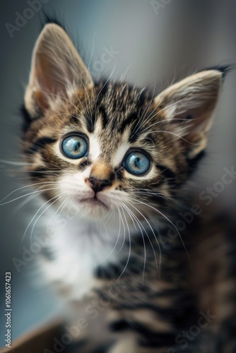 A small kitten is sitting in a cardboard box