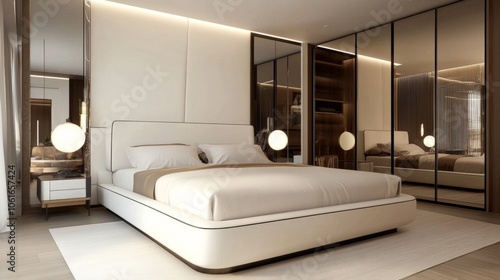 Modern Bedroom Interior Design with Large Bed and Mirrored Closet.