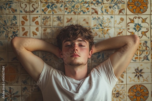 A man is lying down on a tiled floor, hands behind his head, in a relaxed pose photo