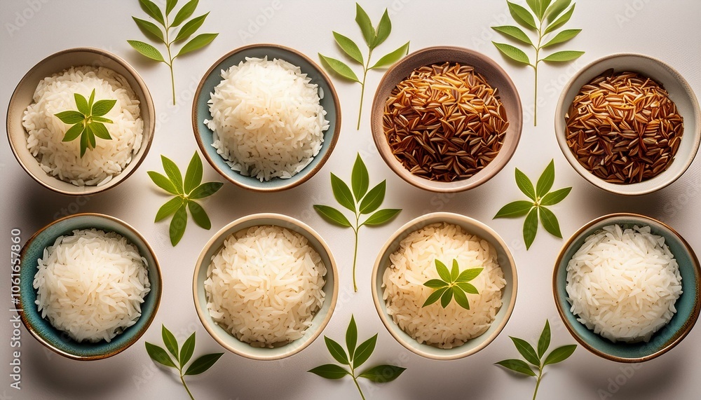 Bowls with rice on white background, asian food concept Bowls with rice on white background, asian food concept