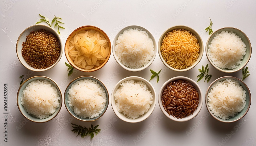 Bowls with rice on white background, asian food concept Bowls with rice on white background, asian food concept