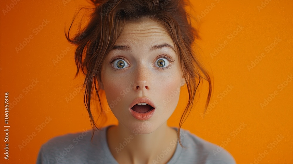Surprised woman shocked by a huge sale, expression of amazement and joy with orange background Surprised woman shocked by a huge sale, expression of amazement and joy with orange background