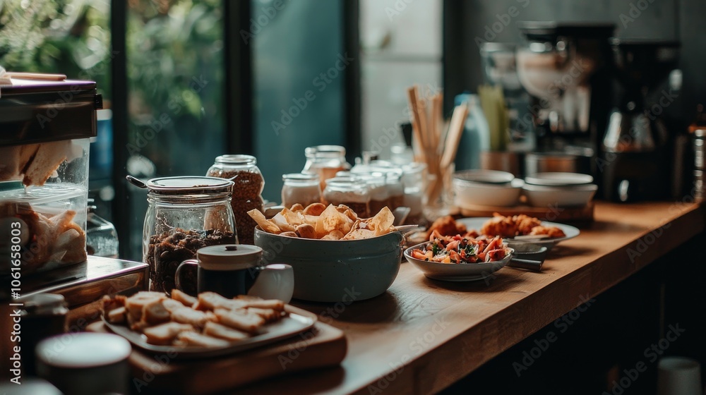 Fototapeta premium Cozy Cafe Breakfast Spread with Fresh Pastries and Coffee in Rustic Ambiance