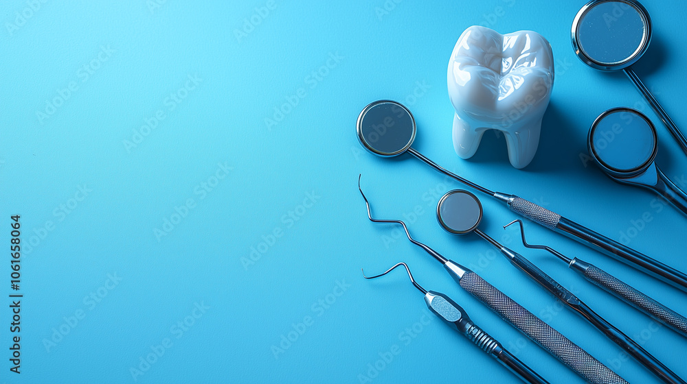 Dental tools and a tooth on a blue background with text space. Dental tools and a tooth on a blue background with text space.