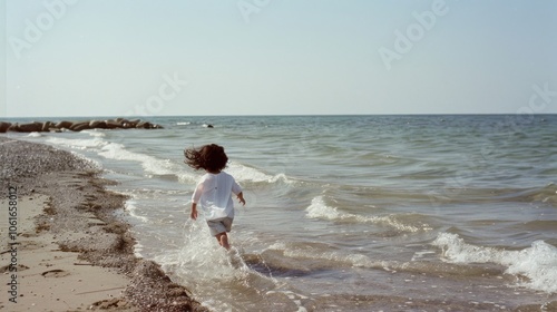 A child gleefully splashes through gentle waves along the shore, embodying boundless energy and the pure joy of a sunny beach day. photo