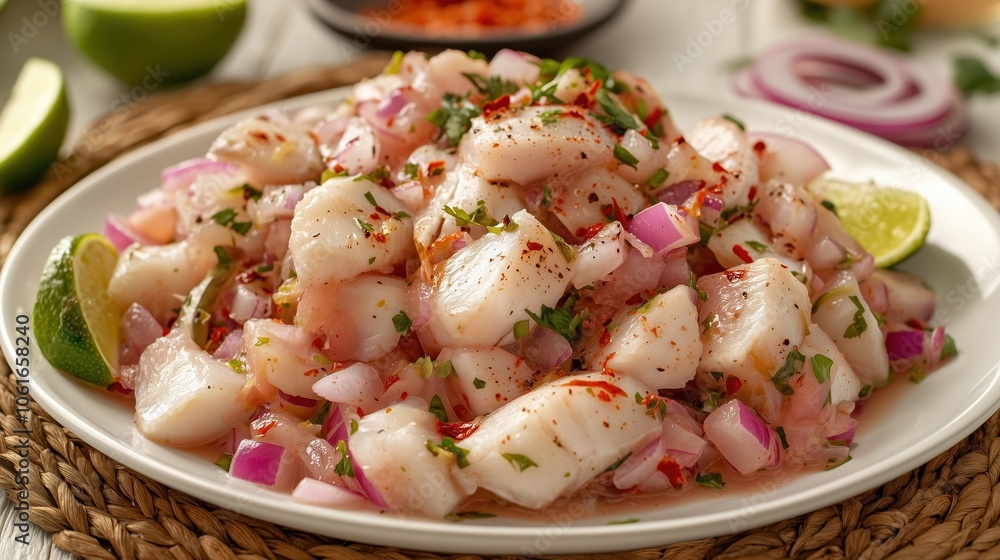 Savor the vibrant flavors of traditional Peruvian ceviche, featuring tender fish marinated in lime juice, complemented by fresh onions and cilantro, ready to delight Savor the vibrant flavors of traditional Peruvian ceviche, featuring tender fish marinated in lime juice, complemented by fresh onions and cilantro, ready to delight