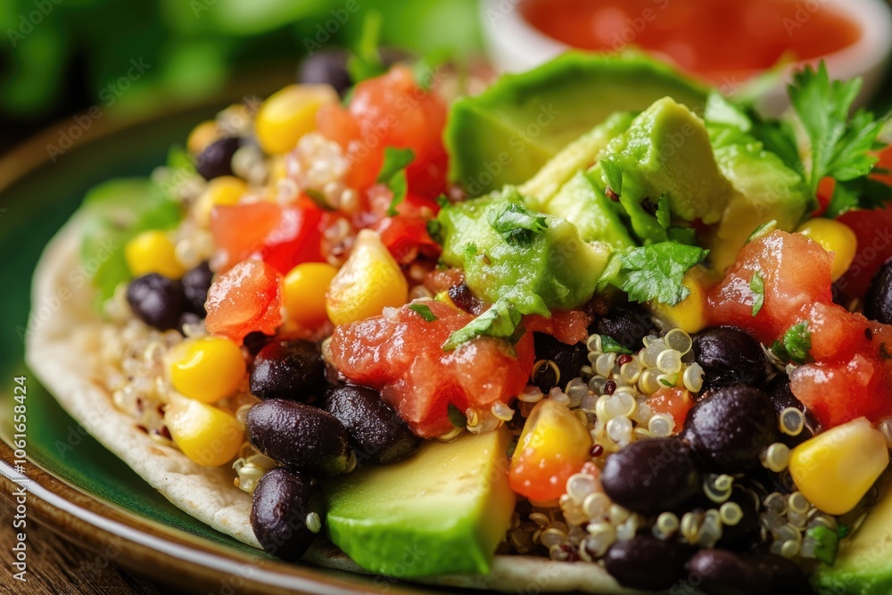 A plate of food featuring black beans, tomatoes, corn, and avocado A plate of food featuring black beans, tomatoes, corn, and avocado