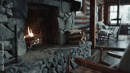 Wallpaper Mural Rustic stone fireplace with a warm fire crackling inside a cabin interior, offering a serene and comforting ambiance for winter evenings. Torontodigital.ca