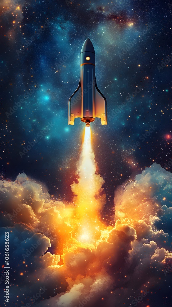 A sleek rocket launching into a vibrant cosmos filled with stars and colorful nebulae. A sleek rocket launching into a vibrant cosmos filled with stars and colorful nebulae.