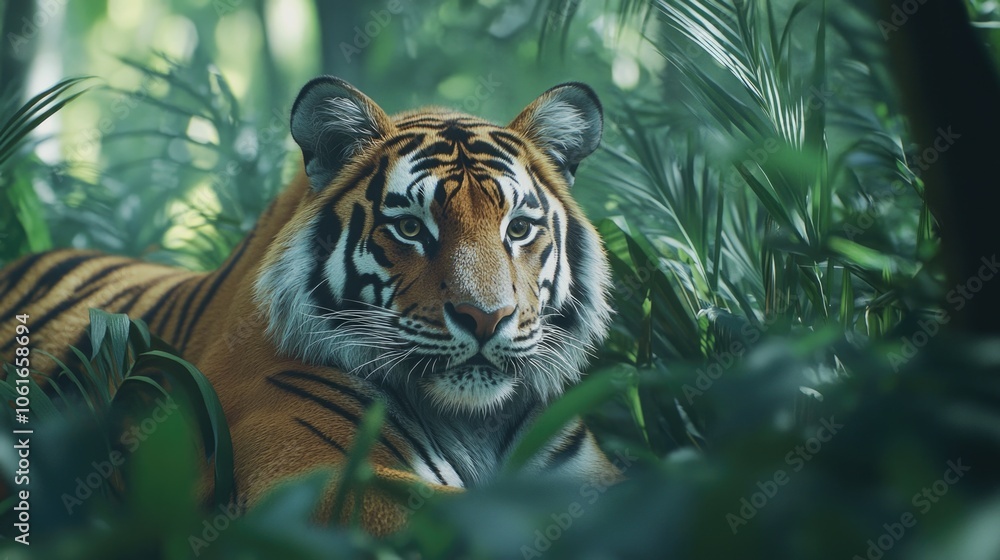 A tiger sits calmly in the midst of a vibrant green forest, surrounded by dense foliage A tiger sits calmly in the midst of a vibrant green forest, surrounded by dense foliage