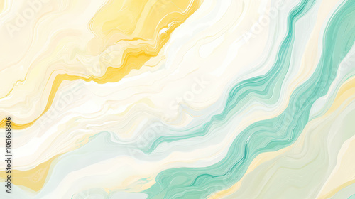 Aesthetic wavy dynamic background. Pastel mint, yellow, white and beige colors. Banner template. Generative AI