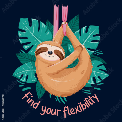 T-Shirt Print Design - Cute Sloth Doing Yoga with Tropical Leaves - Find Your Flexibility