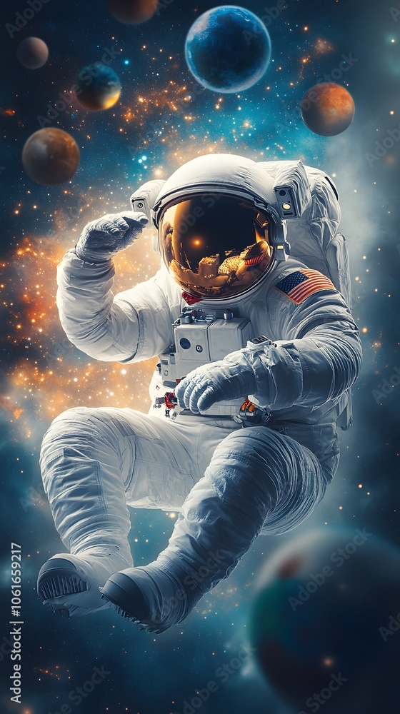 A male astronaut in a space suit salutes against a cosmic background filled with planets. A male astronaut in a space suit salutes against a cosmic background filled with planets.
