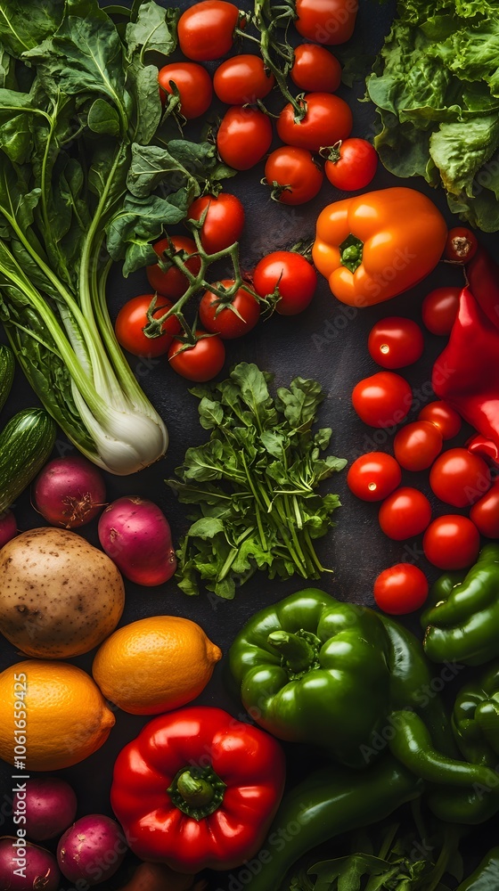 Vibrant assortment of fresh vegetables on a dark background. Vibrant assortment of fresh vegetables on a dark background.