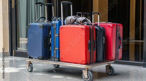 Luggage Cart Loaded with Colorful Suitcases in Hotel Lobby Setting