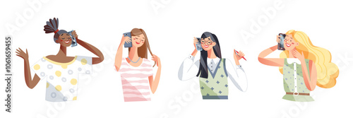 People call on mobile telephone. Happy and smiling women holding smartphone and talking with friends or family. Flat vector illustration set isolated on transparent.