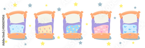 Empty kids beds set. Night children bedroom in kindergarten or nursery with pastel colored bedclothes with patterns for boys and girls. Vector illustration on transparent background with stars.