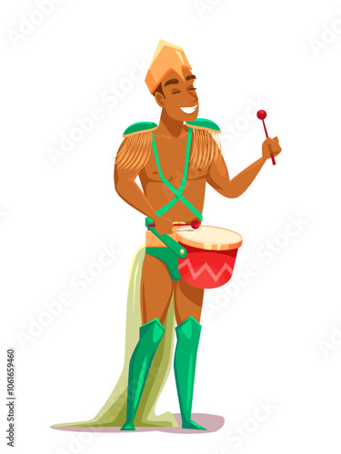 Brazilian carnival drummer in traditional costume. Colorful cartoon male character isolated on white background vector illustration. Brazil festive party banner.