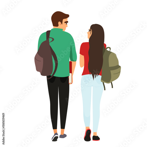 Back view of walking young couple of people. Man and woman with backpacks go forward. Friends going with bag pack. Students characters isolated on transparent background. Flat vector illustration.