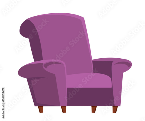 Purple armchair cartoon vector illustration isolated on transparent. Home chair for rest and relax. Furniture object. Cozy room interior.