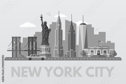 New York landmarks. USA capital skyline background for postcard, banner, poster. NY cityscape. American world famous architectural sightseeing. Graphic flat vector illustration in white-gray colors.